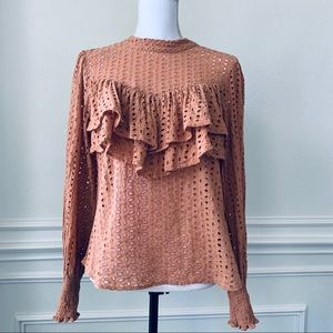 ENGLISH FACTORY RUFFLE EYELET LONG SLEEVE BLOUSE WITH SMOCKED HANDCUFFS